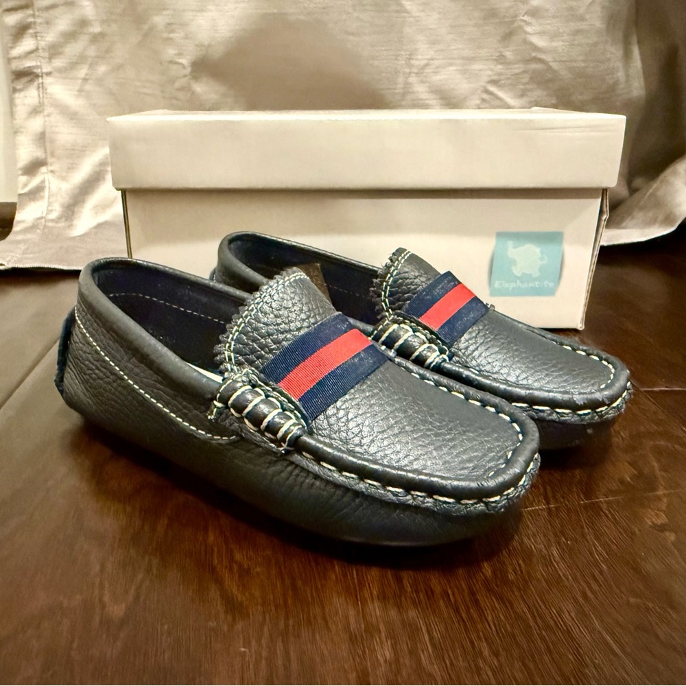 Elephantito Navy Leather Driving Loafers with Red-Blue Stripe